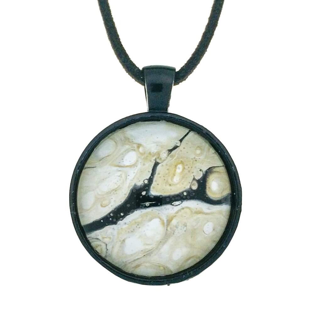Round Fluid Art Pendant & Necklace Ivory & Black